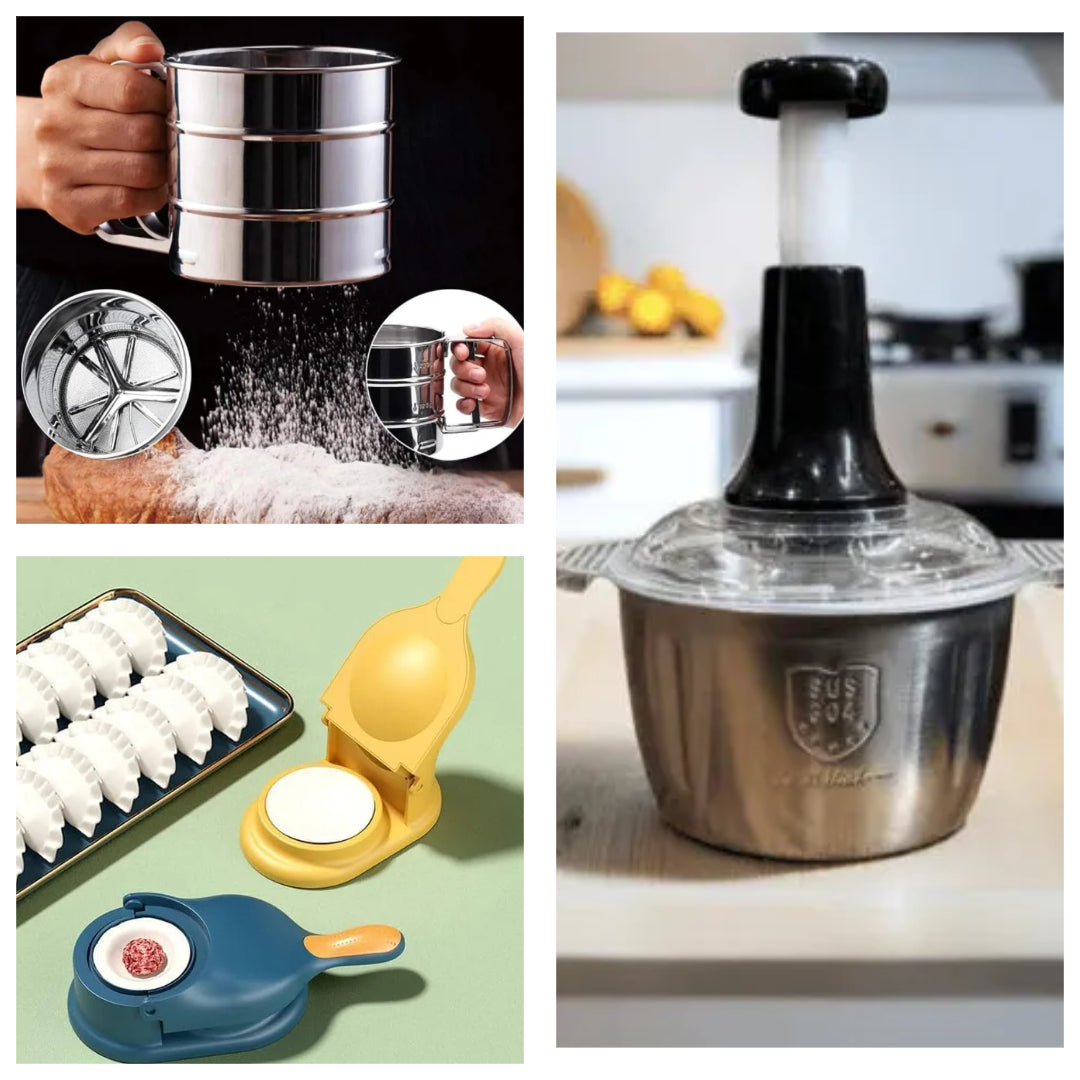 Push Chopper, Flour Sifter & 2 in 1 Dumpling Maker