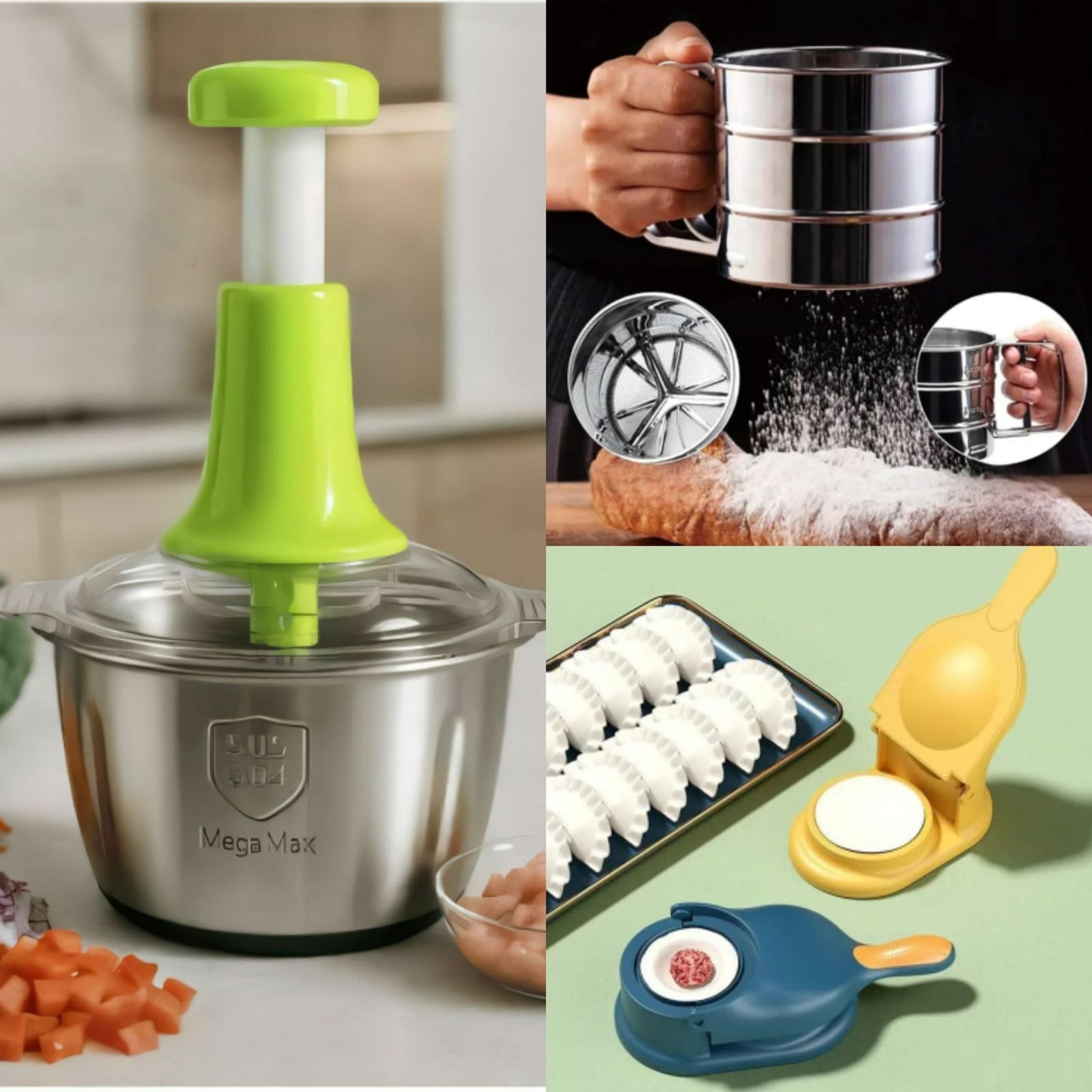 Push Chopper, Flour Sifter & 2 in 1 Dumpling Maker