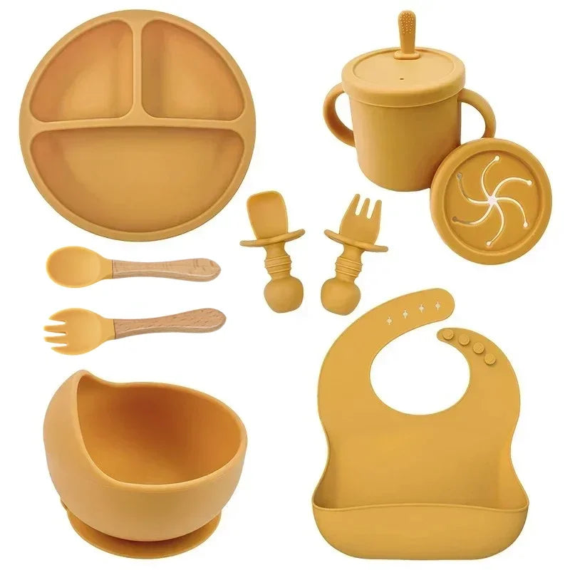 Food Grade Silicone Child Dish Set Baby Feeding Bowl Suction Plate Straw Cup Wooden Spoon Fork for Kids Tableware Toddler Dishes